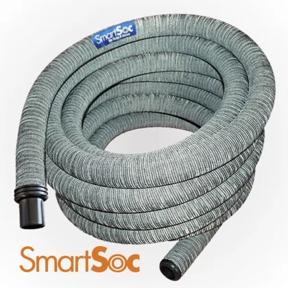A grey fabric-covered central vacuum hose wound into a flat coil, with the fitting at one end.