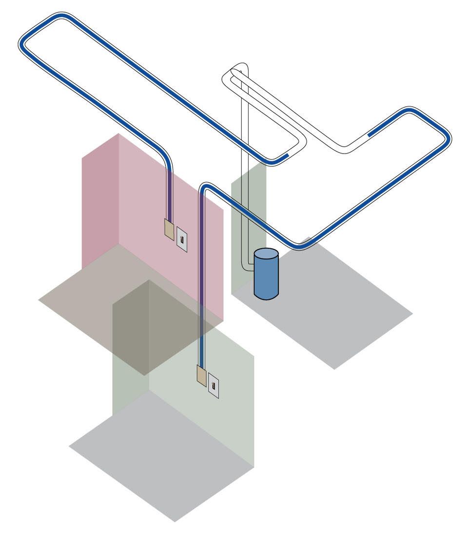 A drawing of a central vacuum system across two floors of a house: a power unit at one end, tubing running through the walls and ceilings, and the hose shown inside the tubing at each of two wall inlets.