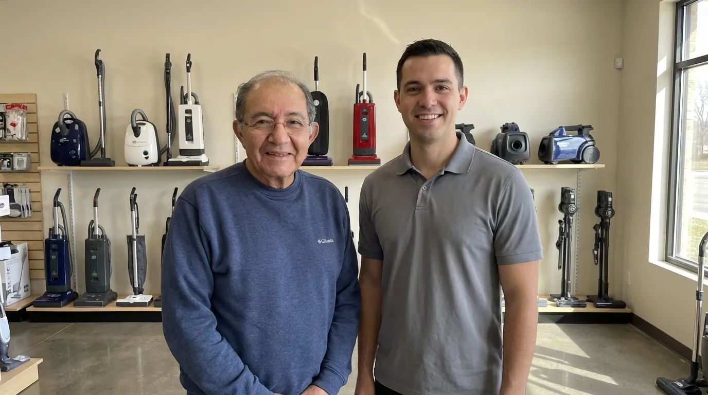 Inside the showroom: people standing in front of wall-mounted shelves lined with upright and canister vacuums, with a display of parts on the wall to one side and daylight coming in through a window.